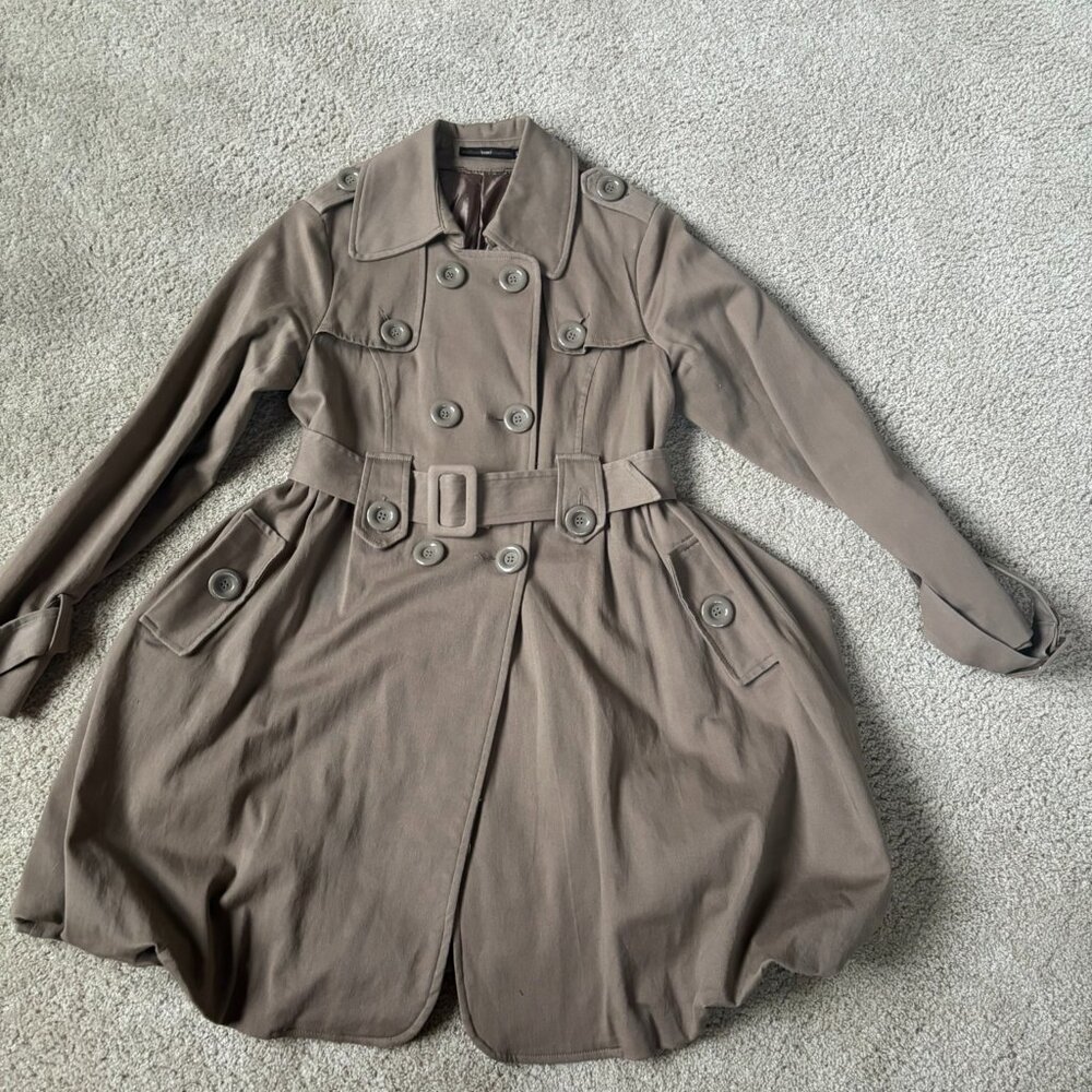 Anthropologie Azel Hazel Boho Flounced Double Breasted Trench Coat Tan Women's L